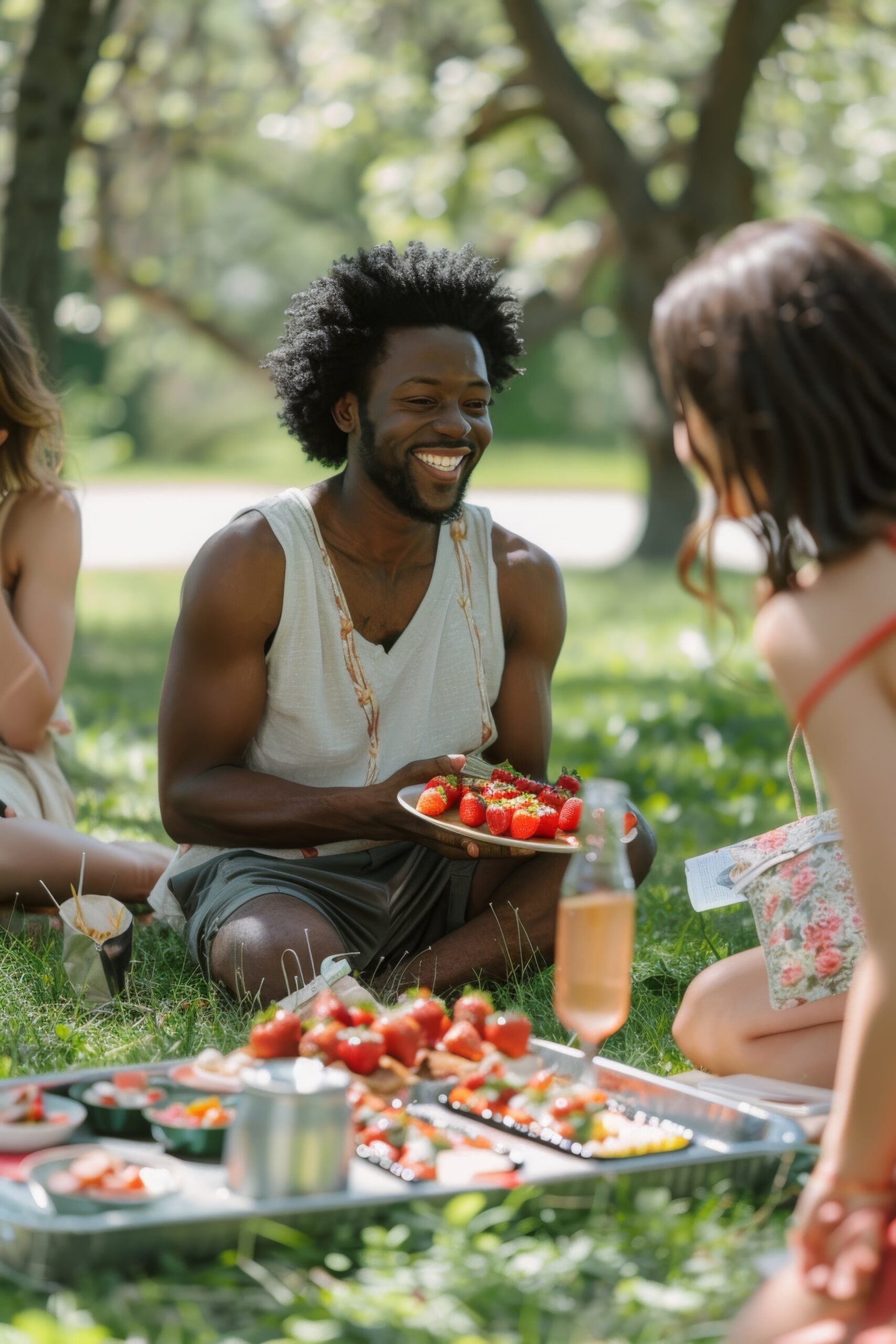film photography 35mm, hyper-realistic photo, A photo of a family having an outdoor picnic, enjoying food and drinks on the lawn. The man is holding up his plate with fruit in it while smiling at one woman sitting next to him. They have small paper bags scattered around them as well. In front there's a metal tray filled with fresh red gradient strawberries, surrounded by colorful pastries and pink fruits. A glass jar sits nearby containing sparkling water. It captures their laughter and joy during their gathering. --ar 2:3 Job ID: 9e361769-b9da-4b7b-9a46-5ffb23563eeb